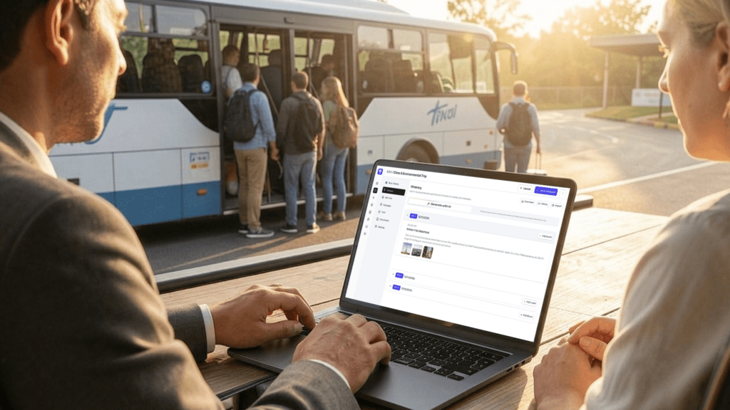A close-up of a laptop displaying a group tour booking interface, with a tour bus and passengers blurred in the background.