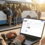 A close-up of a laptop displaying a group tour booking interface, with a tour bus and passengers blurred in the background.