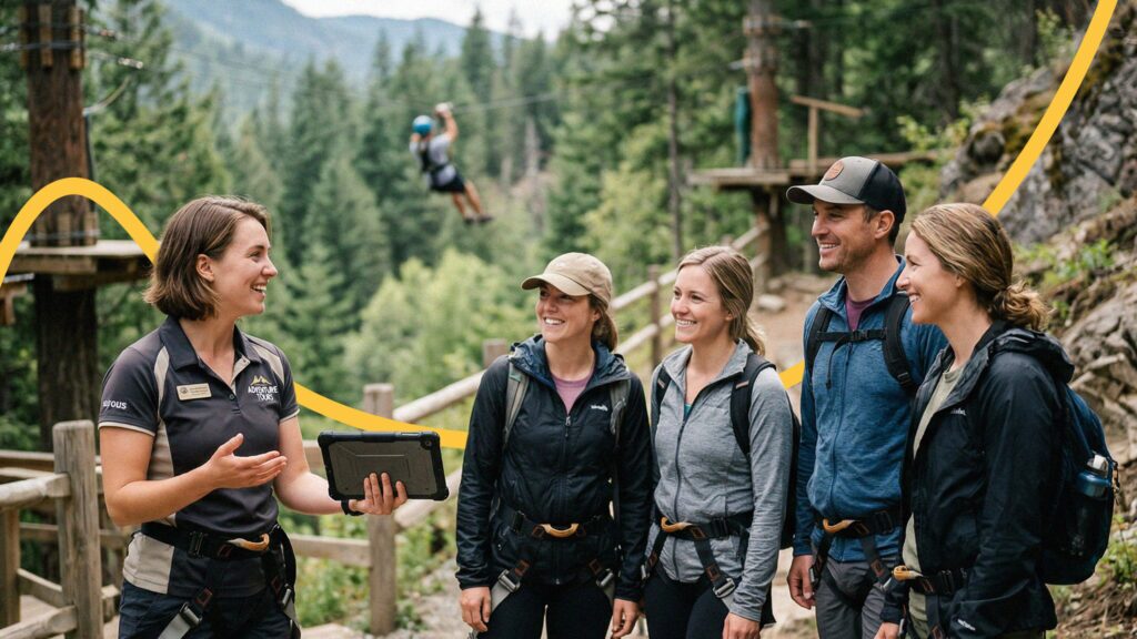 Tour guide briefing a travel group before departure using group tour software